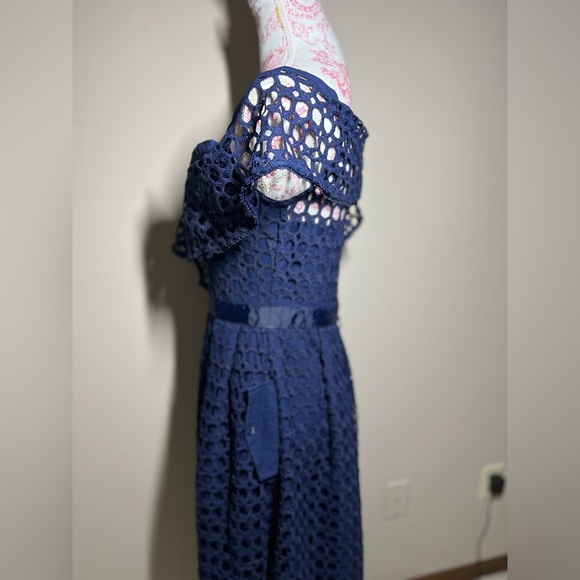 NWT LUXE Self Portrait Replica Navy One Shoulder Guipure Lace Midi Dress sz 8 - Picture 7 of 14